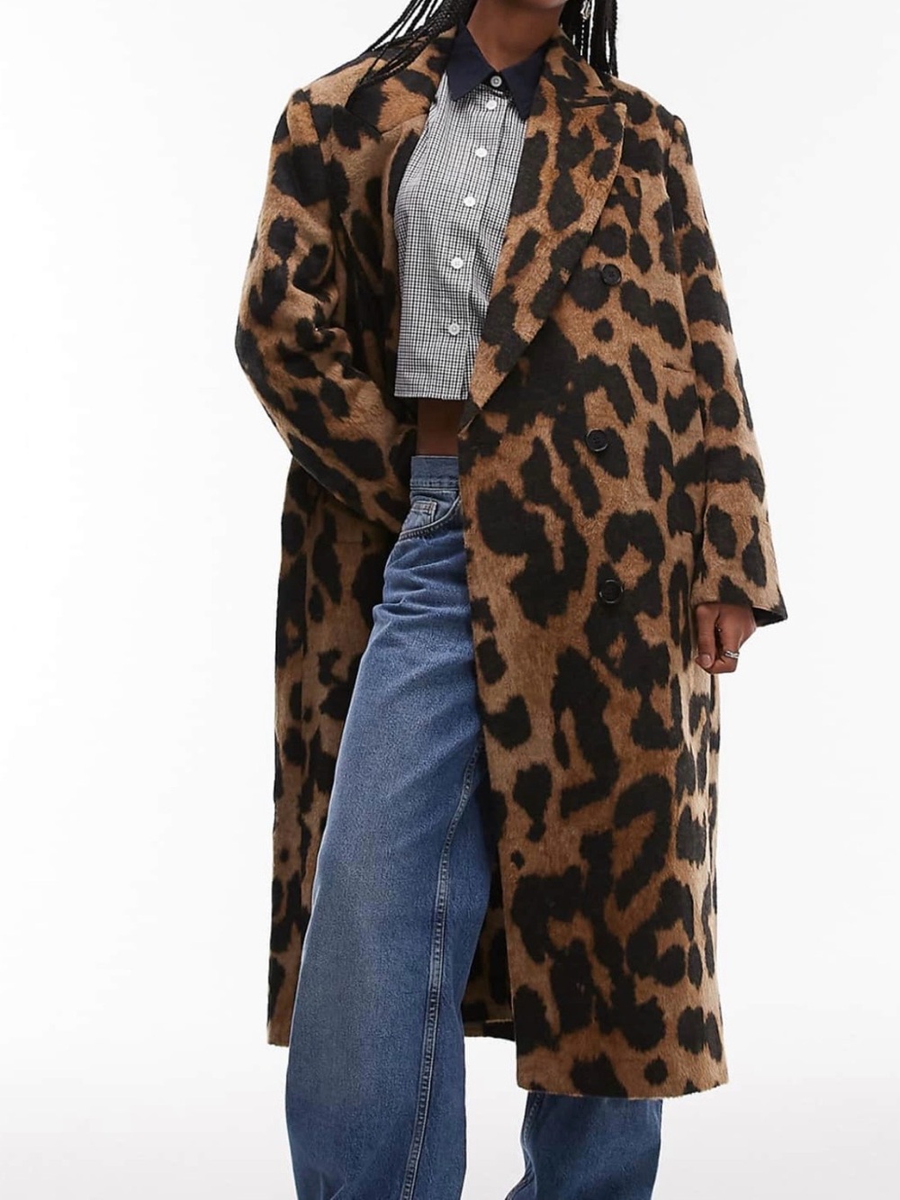 Topshop Leopard Print Long Coat in Brown and Black